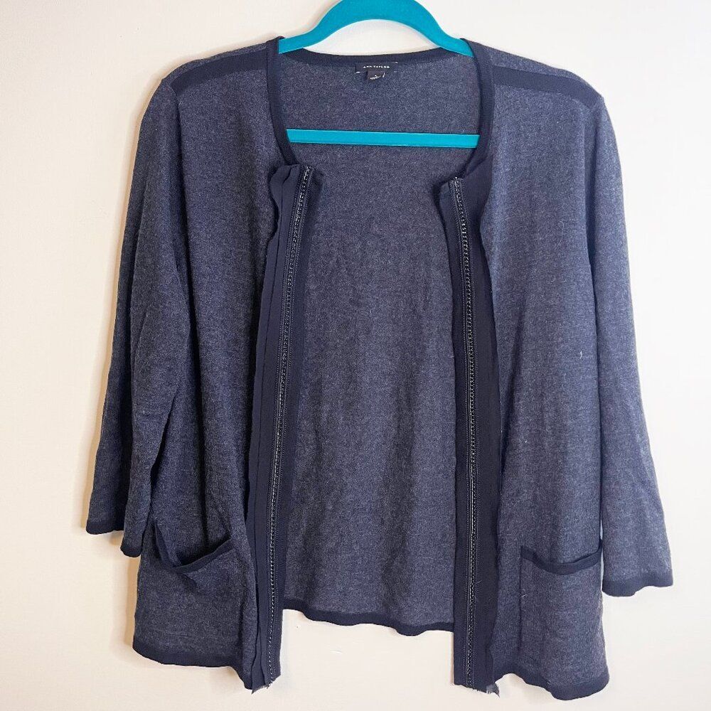 Women’s Ann Taylor Loft Gray Open Cotton Cardigan Sweater 3/4 Sleeve Size Large